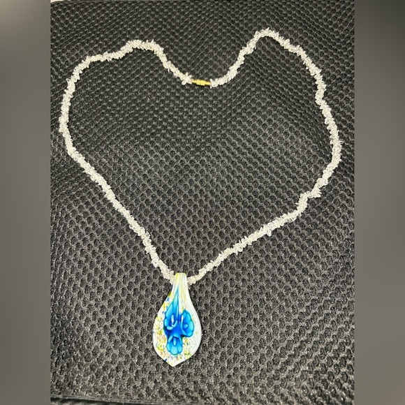 Delicate Floral Teardrop Glass Pendant Necklace with Vibrant Blue Flowers - Picture 6 of 12